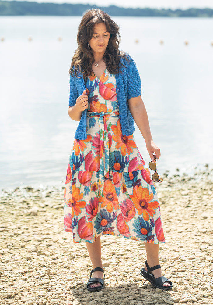 Ella Bold Painted Floral Print Tiered Hem Midi Dress