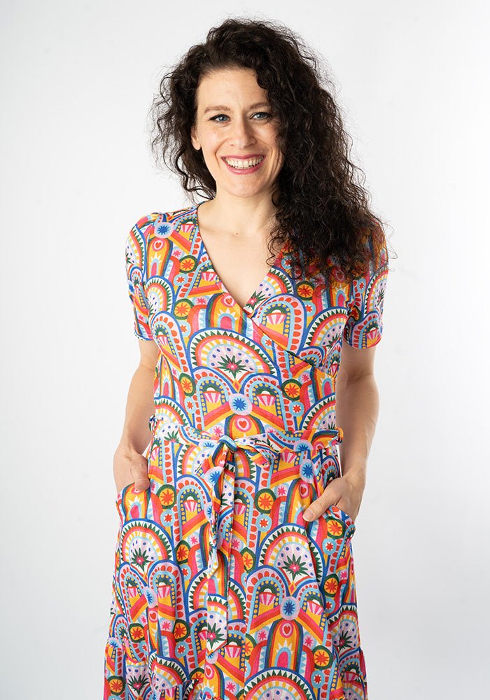 Bebe Handpainted Deco Print Tiered Hem Midaxi Dress