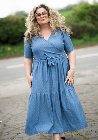 Tate Chambray Blue Oval Textured Tiered Hem Midi Dress