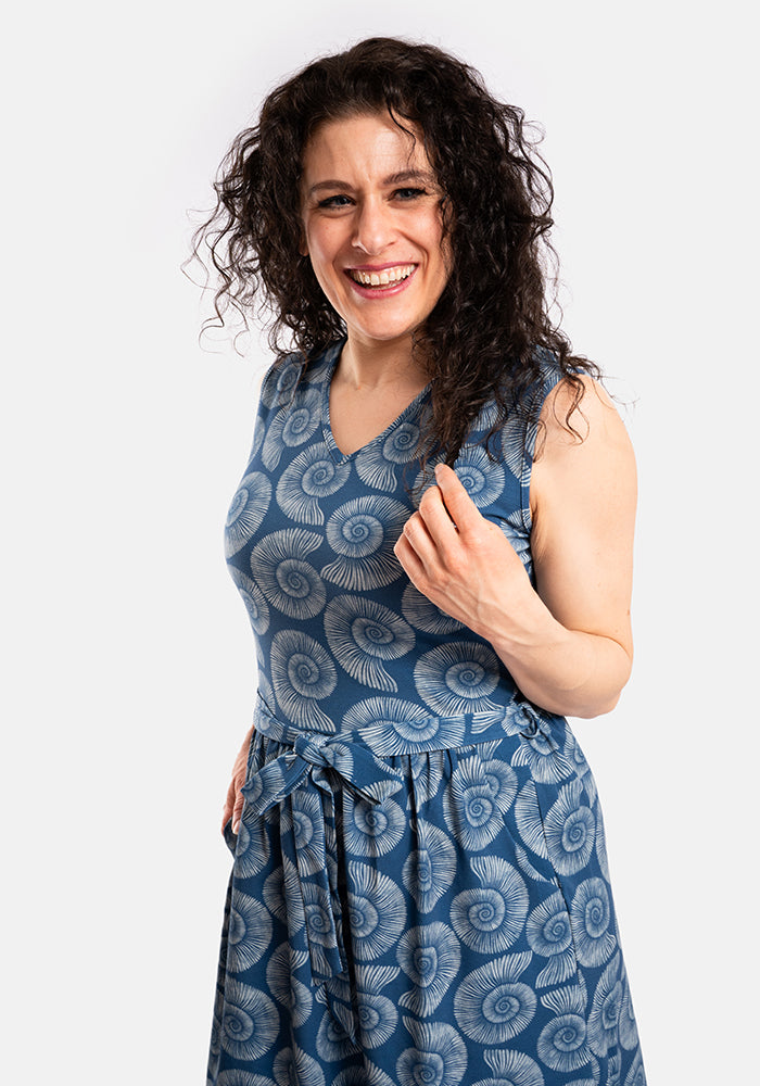 Channing Blue Fossil Print Cotton Midi Dress