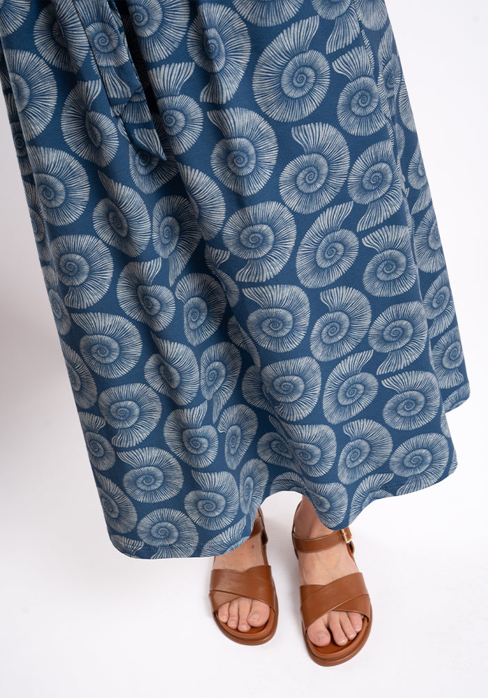 Channing Blue Fossil Print Cotton Midi Dress