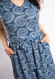 Channing Blue Fossil Print Cotton Midi Dress