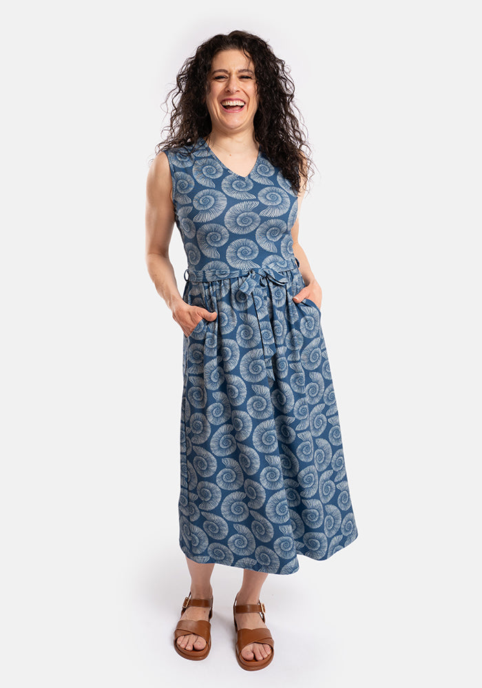 Channing Blue Fossil Print Cotton Midi Dress