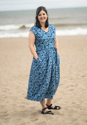 Channing Blue Fossil Print Cotton Midi Dress