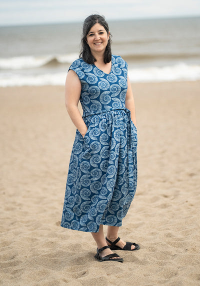 Channing Blue Fossil Print Cotton Midi Dress