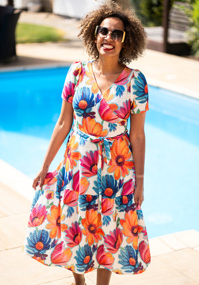 Ella Bold Painted Floral Print Tiered Hem Midi Dress