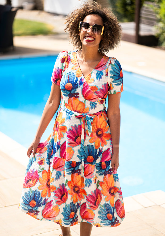 Ella Bold Painted Floral Print Tiered Hem Midi Dress