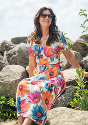 Ella Bold Painted Floral Print Tiered Hem Midi Dress