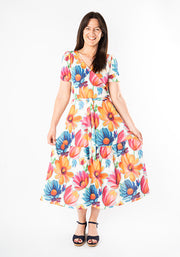 Ella Bold Painted Floral Print Tiered Hem Midi Dress