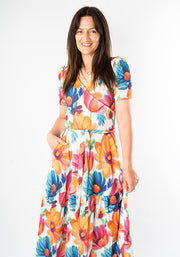 Ella Bold Painted Floral Print Tiered Hem Midi Dress