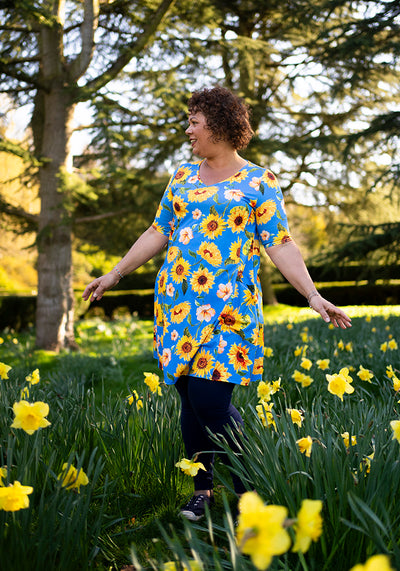 Janine Blue Sunflower Print Long Line Tunic
