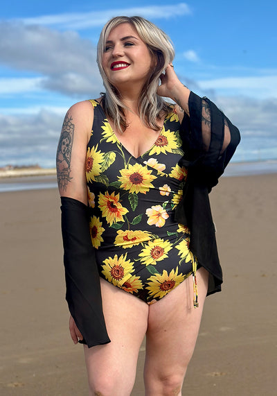 Popsy Black Sunflower Side Ruched Swimsuit