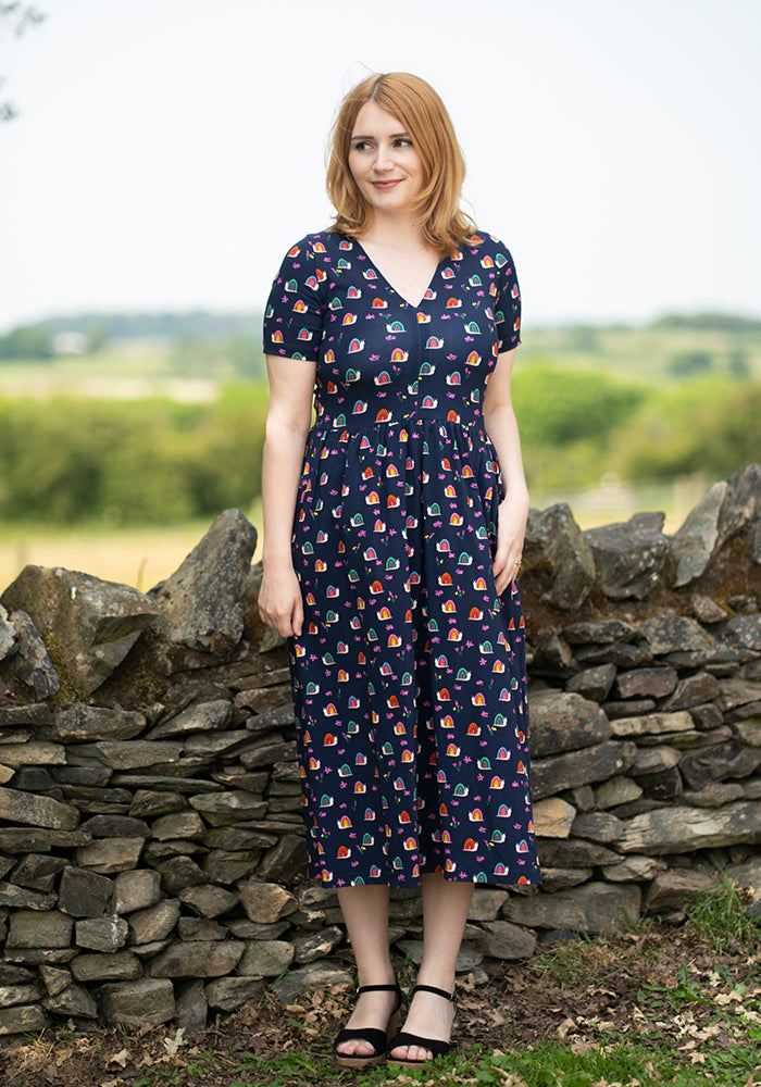 Shellie Rainbow Snails Print Cotton Midi Dress