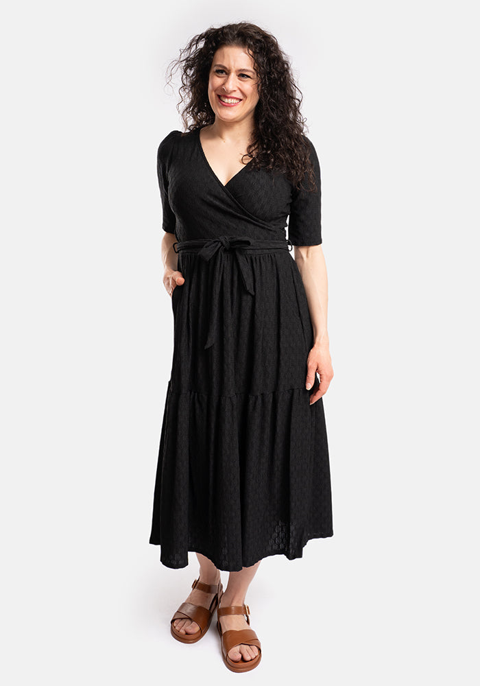 Tate Black Oval Textured Tiered Hem Midi Dress