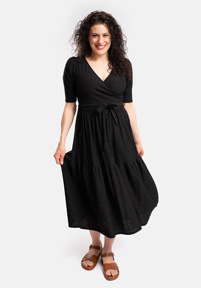 Tate Black Oval Textured Tiered Hem Midi Dress