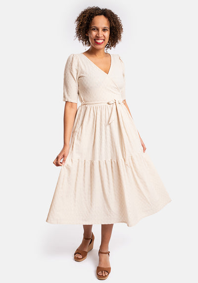 Tate Cream Oval Textured Tiered Hem Midi Dress