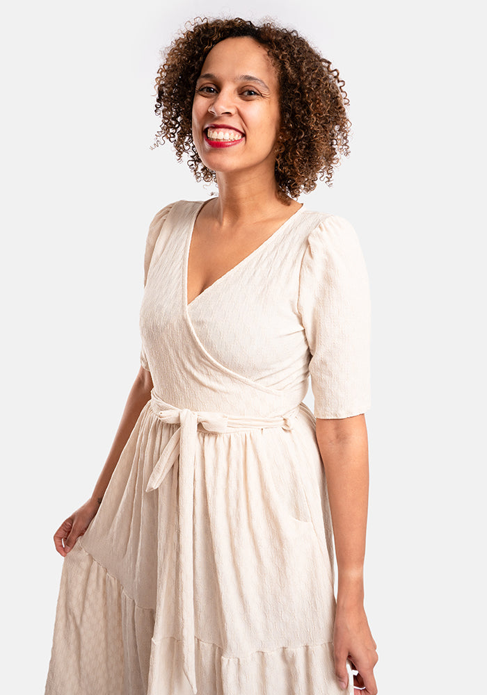 Tate Cream Oval Textured Tiered Hem Midi Dress