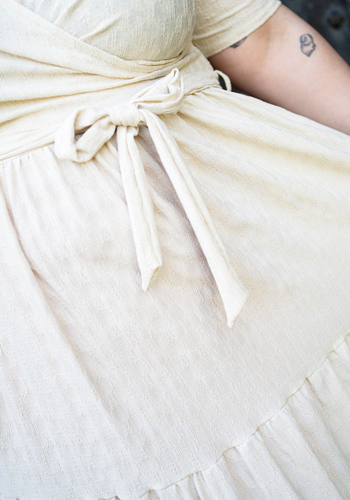 Tate Cream Oval Textured Tiered Hem Midi Dress