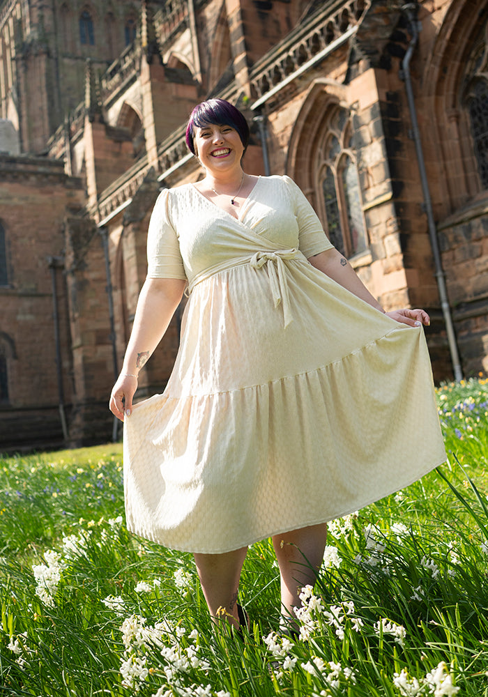Tate Cream Oval Textured Tiered Hem Midi Dress
