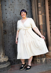 Tate Cream Oval Textured Tiered Hem Midi Dress