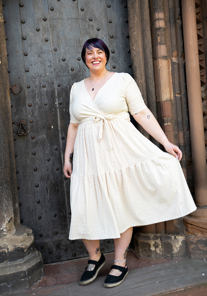 Tate Cream Oval Textured Tiered Hem Midi Dress