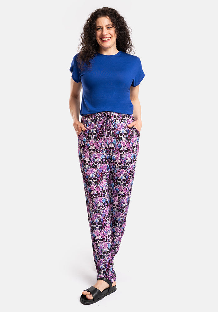 Taylen Purple Floral Skull Print Viscose Harem Pants