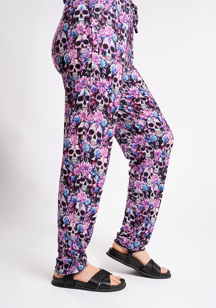 Taylen Purple Floral Skull Print Viscose Harem Pants