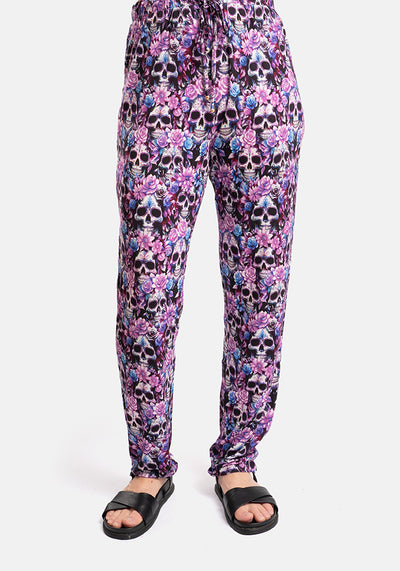 Taylen Purple Floral Skull Print Viscose Harem Pants