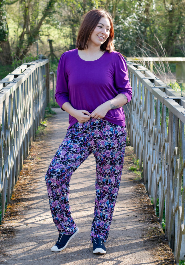 Taylen Purple Floral Skull Print Viscose Harem Pants